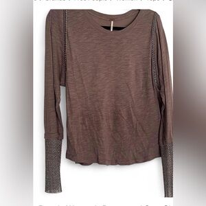 Free People Large Gray Burn Out  Long Sleeve Top with Mesh Rhinestone Accents